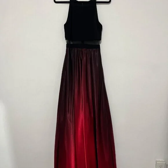 Two-Tone Black & Red Sleeveless Maxi Gown With Sheer Mesh Waist Detail And Gradi - Picture 2 of 15